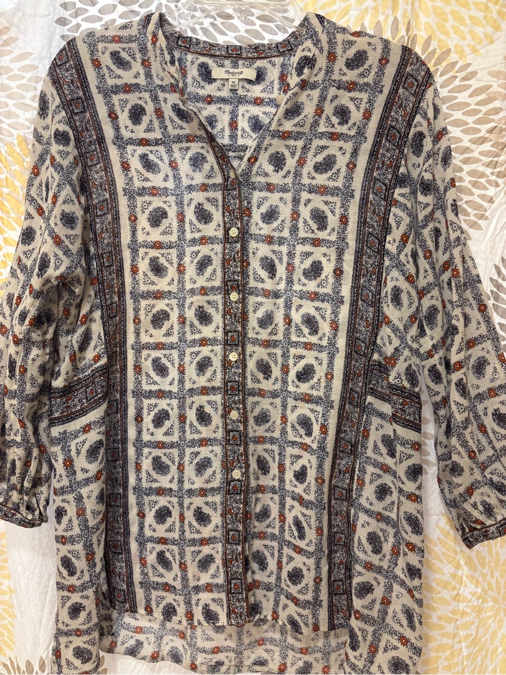 Madewell Ivory Button-Front Paisley Tunic with Navy & Rust Accents